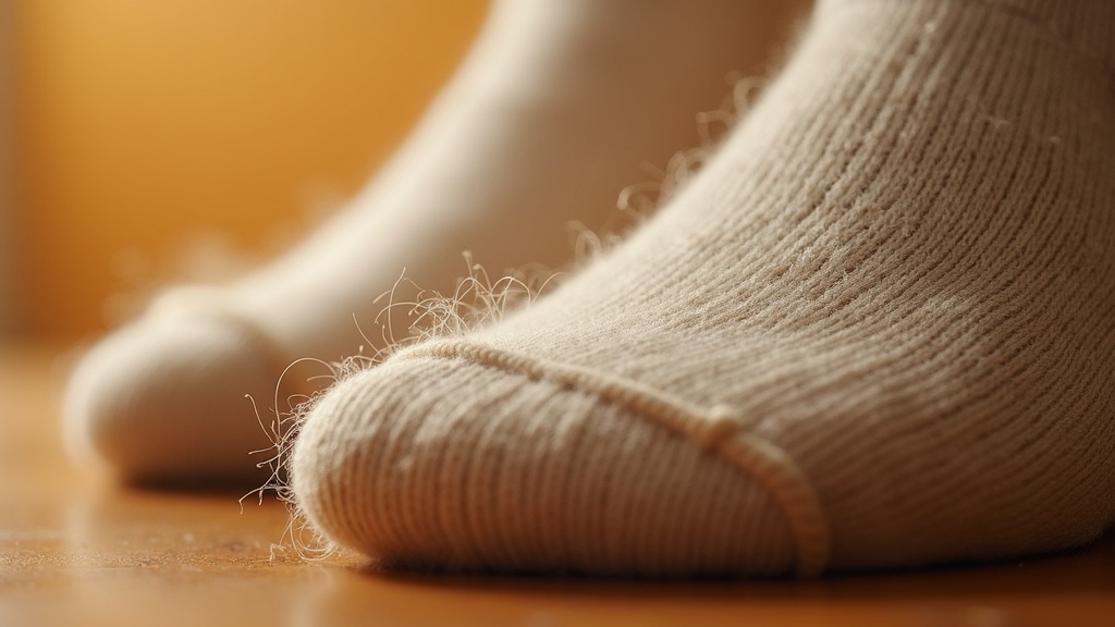 Macro view of merino wool sock fiber showing natural crimp structure