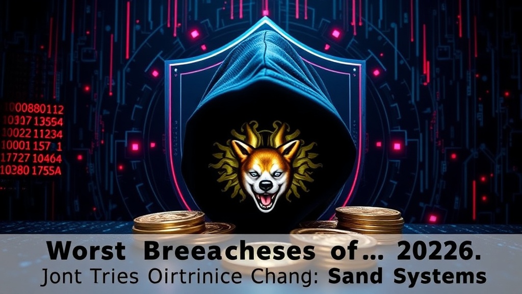 Graphic depicting stolen DOGEcoin cryptocurrency coins with a hacker's mask