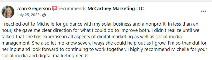 Joan Gregerson recommends Michelle — clear direction and expertise in all aspects of digital marketing