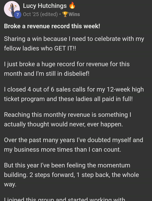 Lucy: Broke a revenue record this week — closed 4 of 6 sales calls, all paid in full