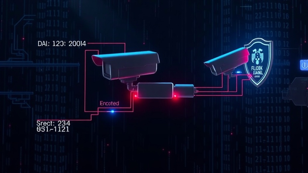 Diagram illustrating the typical components and operation of a Flock AI surveillance camera system.