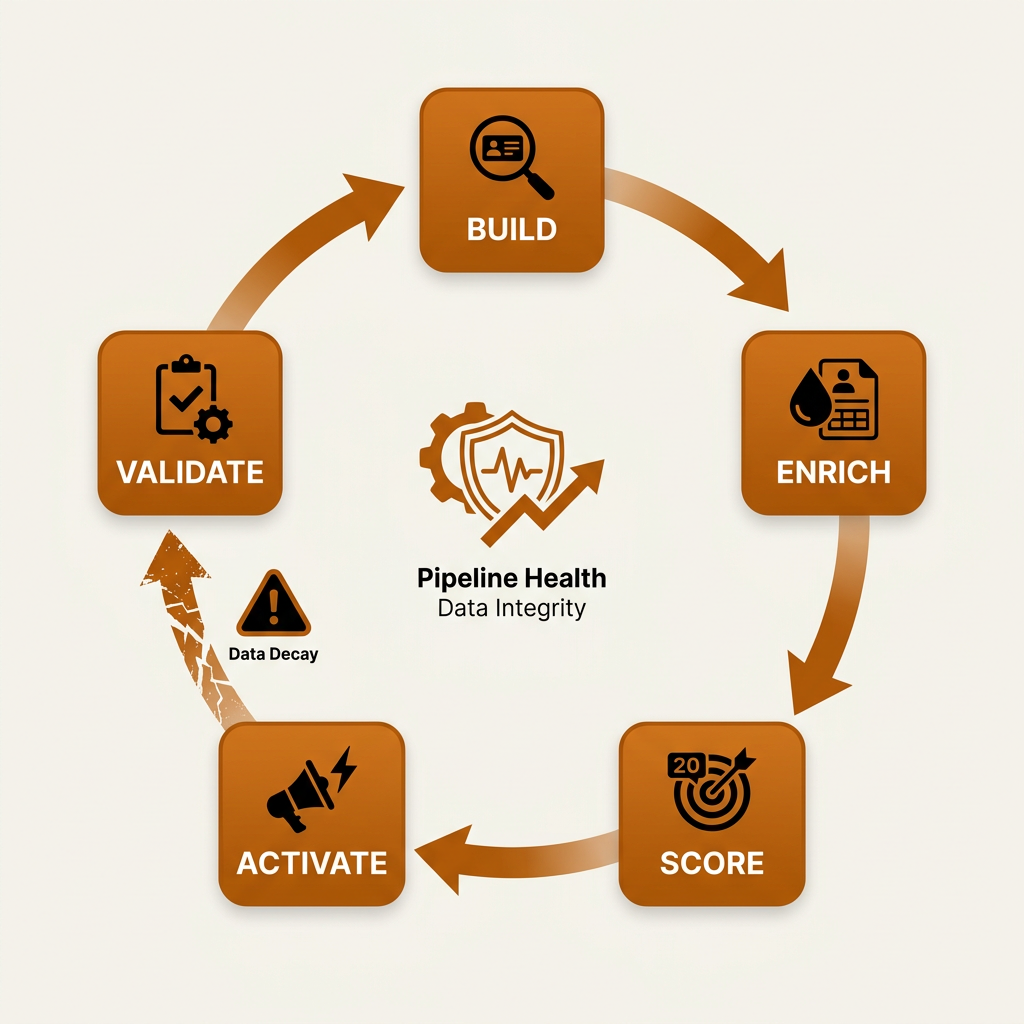 Circular lead list lifecycle diagram showing Build Enrich Score Activate Validate stages