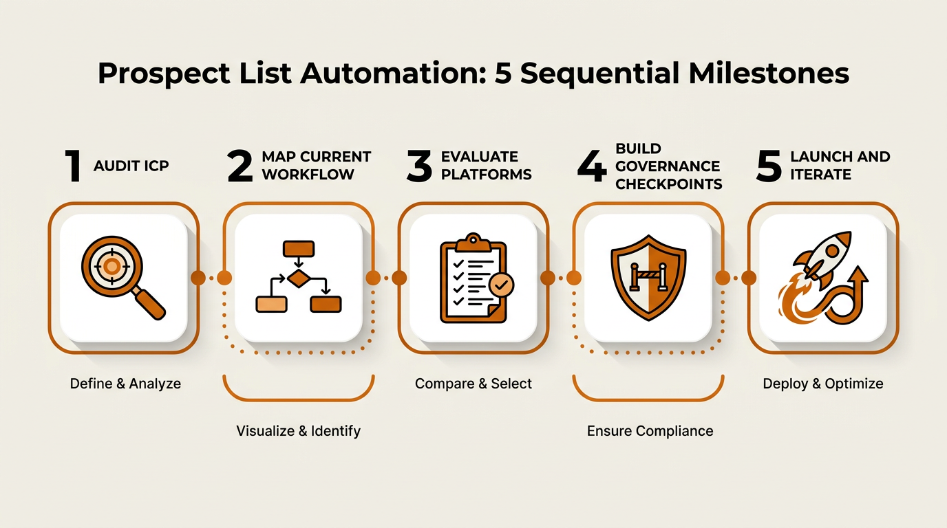 Five-step prospect list automation implementation roadmap infographic