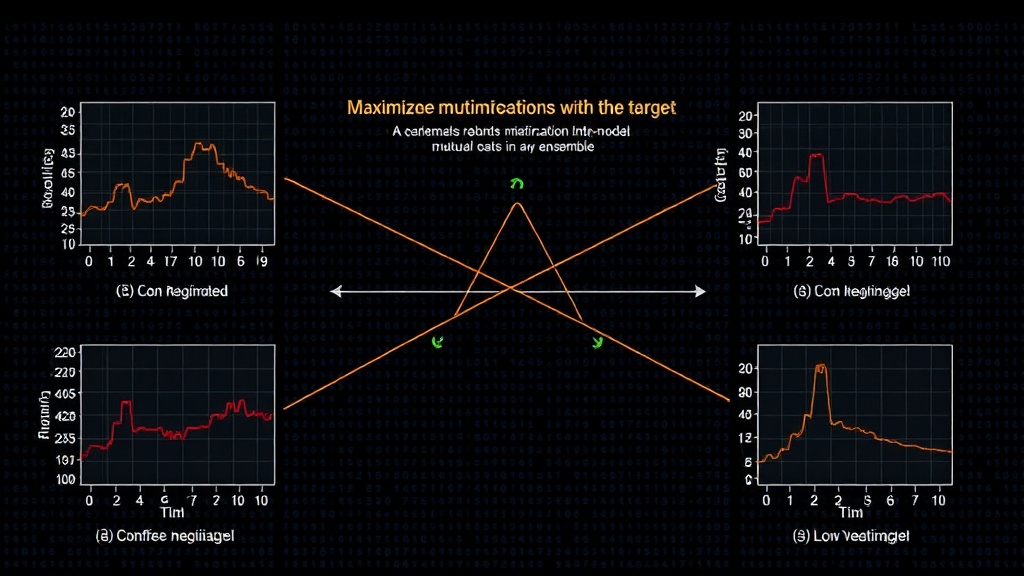 Diagram illustrating the concept of maximizing mutual information with the target while minimizing inter-model mutual information in an ensemble.