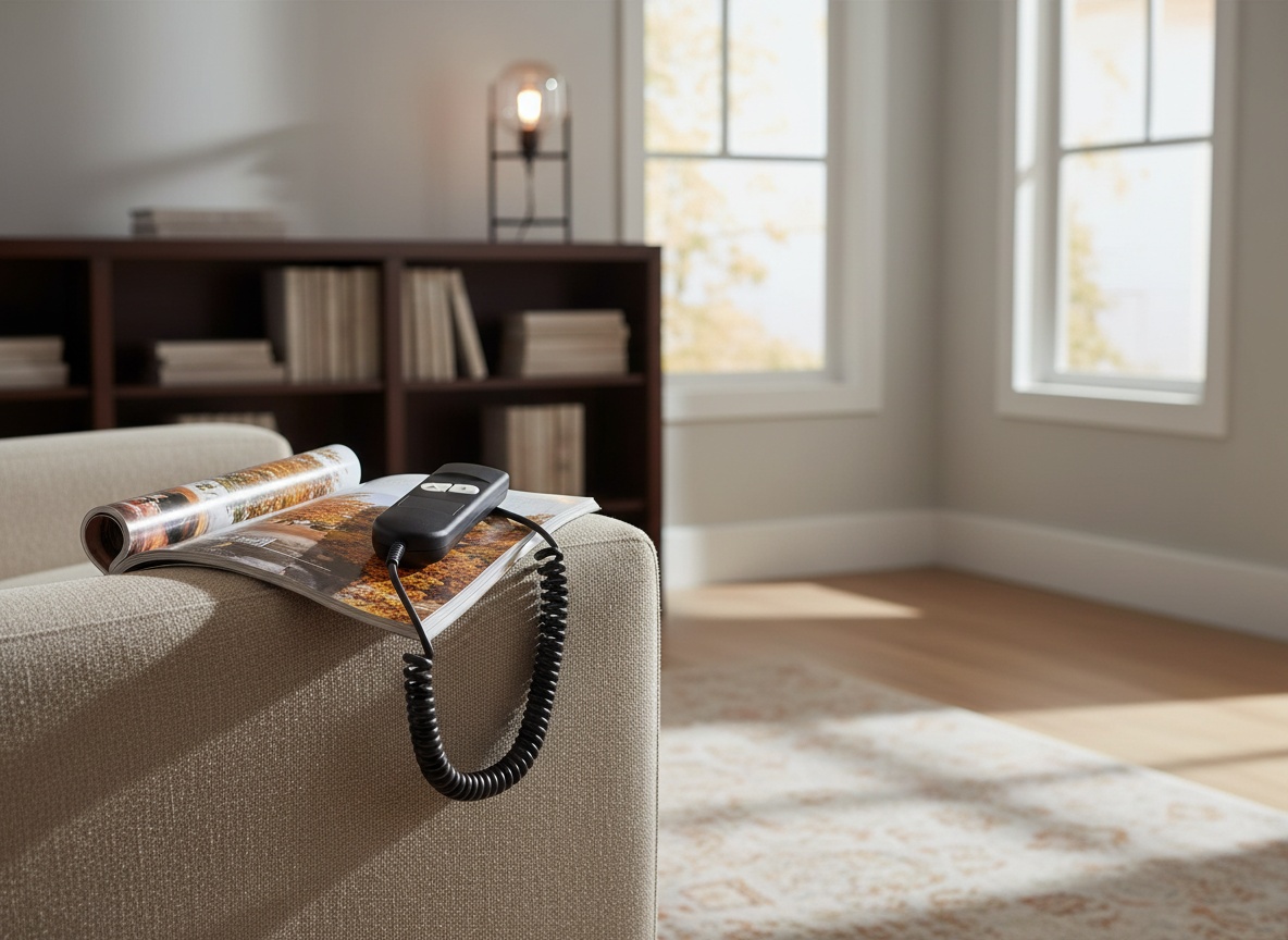 Fromann remote lying on magazine on armchair in bright living room with bookshelf in background