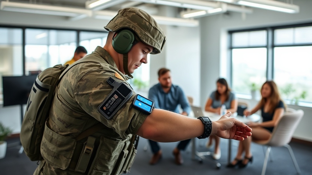 Wearable sensor device being applied to a soldier's arm on a simulated battlefield