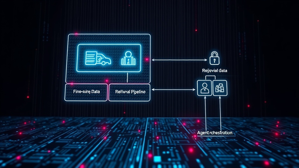 Diagram illustrating the components of a complex AI system: model, fine-tuning data, retrieval pipeline, and agent orchestration