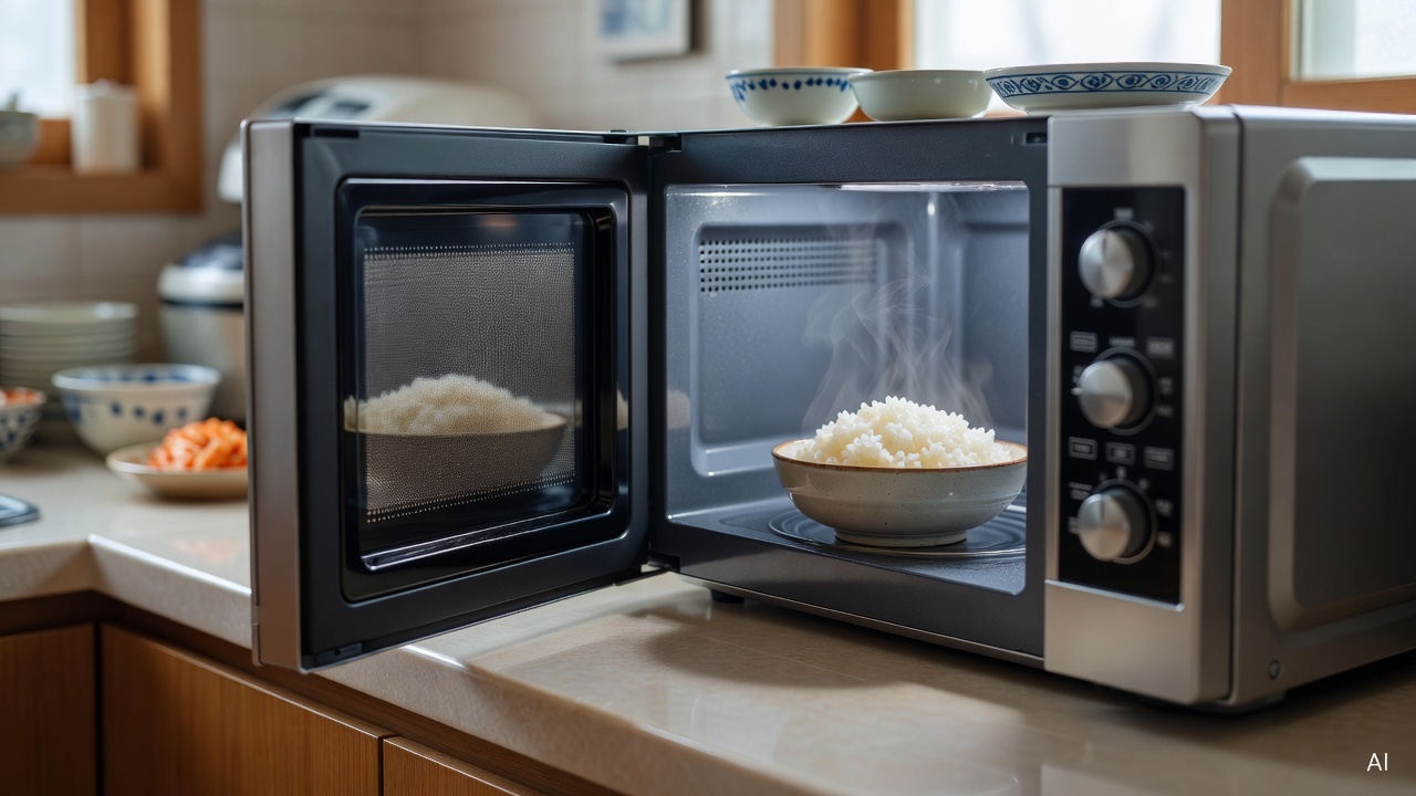microwave oven with bowl of rice inside, kitchen counter background