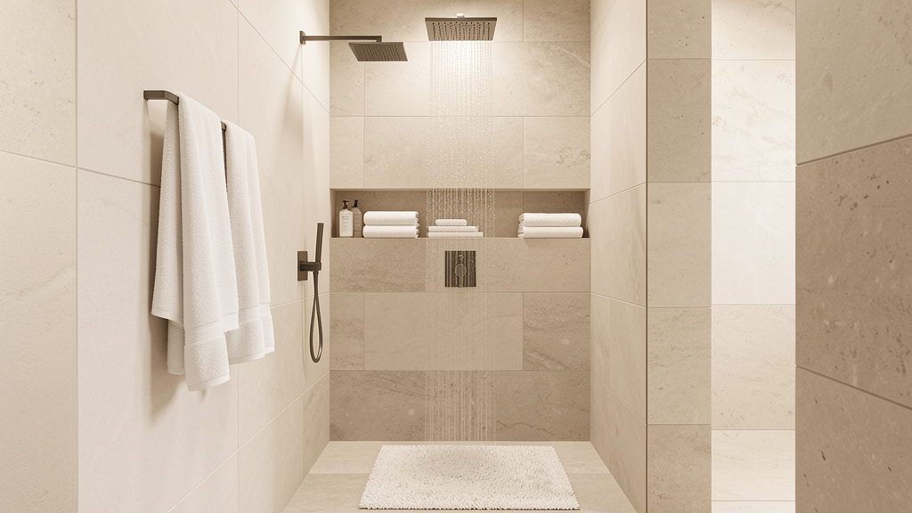 Modern bath and shower essentials styled in a clean bathroom