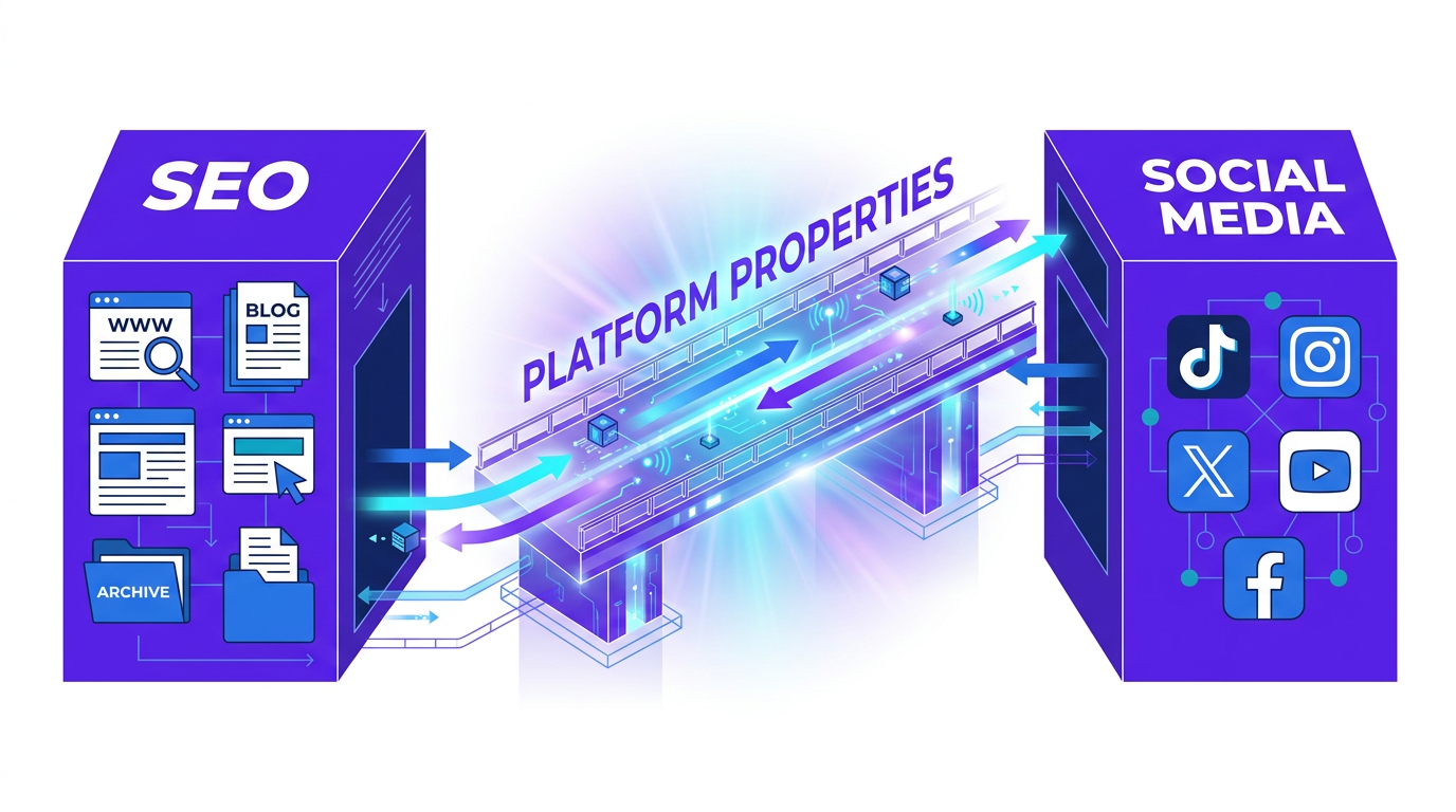 Architecture diagram showing Platform Properties bridge connecting SEO and Social Media silos for Google Search Console social media tracking