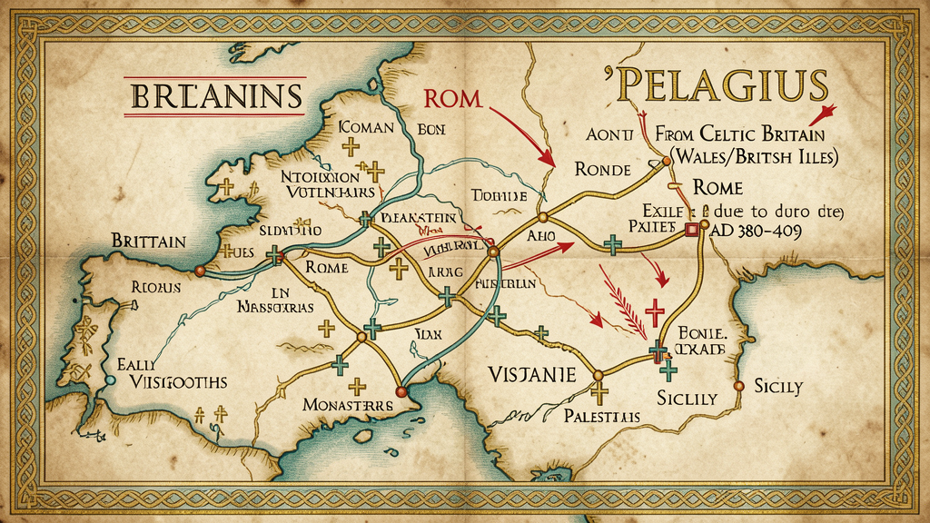Karte: Pelagius’ Reise Britannien → Rom → Exil