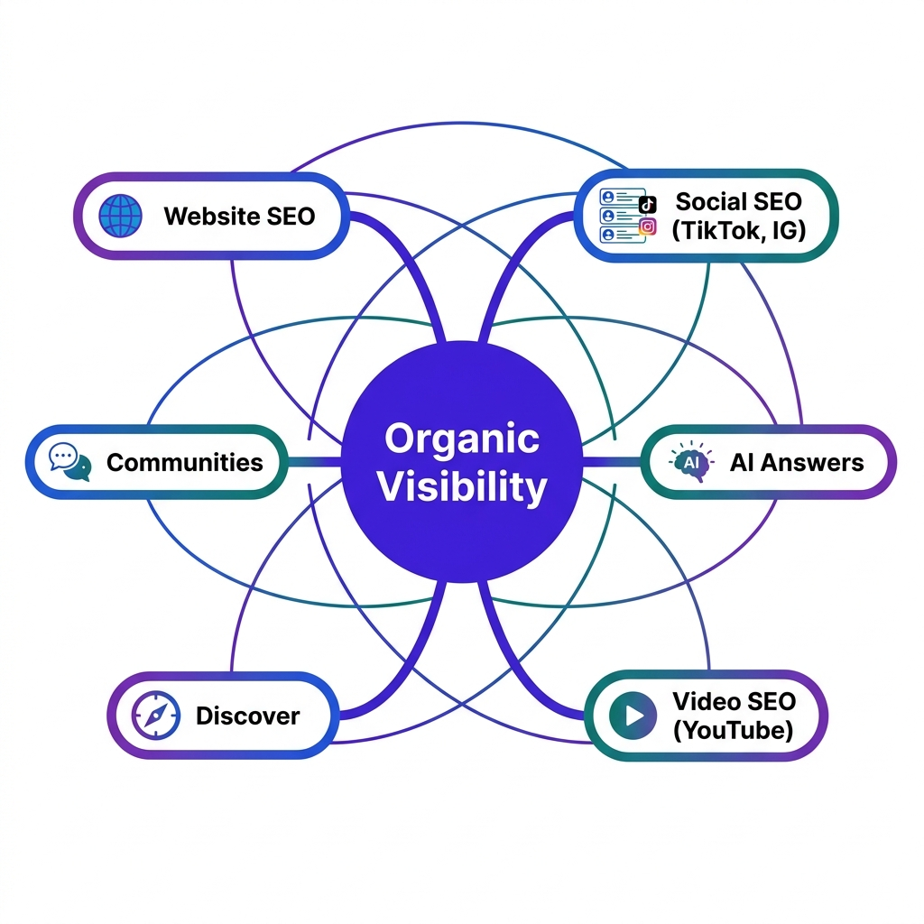 Mind map diagram showing organic visibility strategy across SEO, social, video, and AI channels