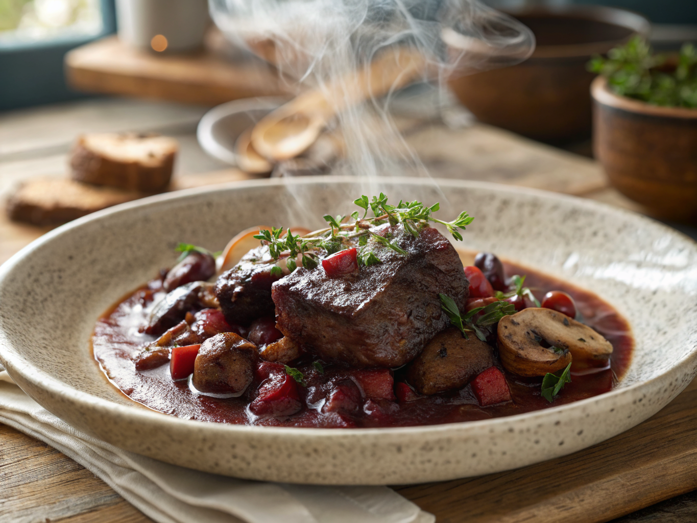 Boeuf Braisé au Vin Rouge et aux Champignons Sauvages