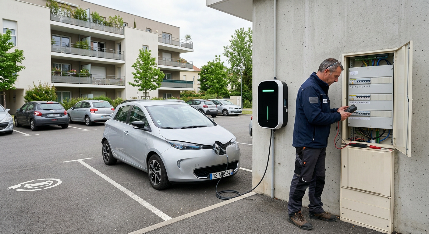 Borne de recharge électrique IRVE moderne installée dans un parking collectif en copropriété avec véhicule en charge et installateur présent