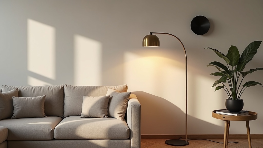 Brass arc floor lamp and matte black sconce creating a mixed metal finish scheme in a Nordic living room
