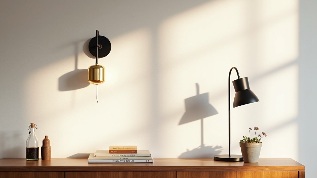 Mixing metal finishes in lamps and fixtures: brass lamp and matte black sconce on a Nordic sideboard