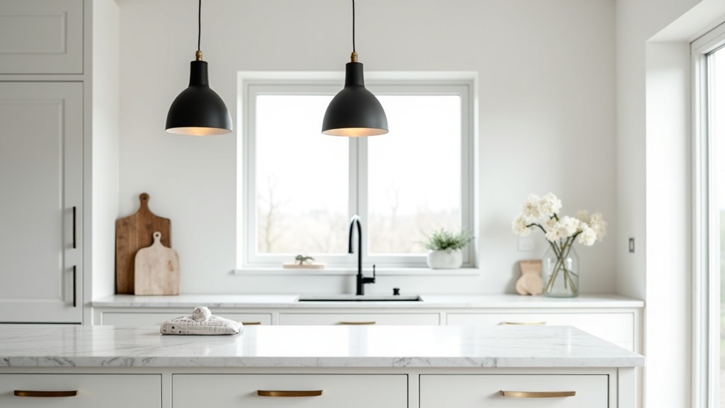 Matte black pendant lights above a marble kitchen island with brass cabinet handles
