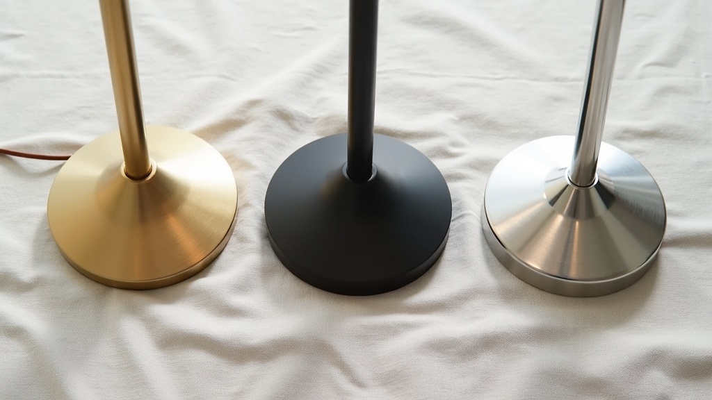 Three lamp bases in brass, matte black and chrome showing different metal finishes for lamps