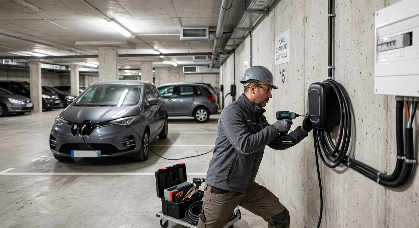 Installation d'une borne de recharge électrique murale dans un parking de copropriété par un professionnel qualifié.