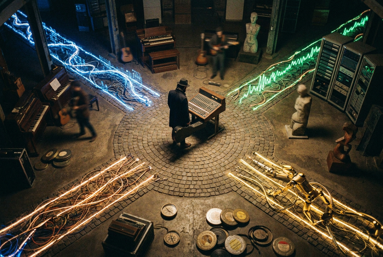 An aerial view of a complex intersection where multiple roads converge, but instead of cars, the roads carry streams of glowing data, musical notes, video frames, and legal documents. At the center of the intersection stands a lone musician with a guitar, looking up at the chaos swirling around them. Dramatic sunset lighting with rich orange and deep purple sky.