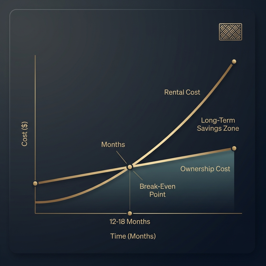 A process flow diagram illustrating the rent-vs-buy cost timeline for commercial floor mats, showing the 12-to-18-month breakeven crossover point with long-term savings curve