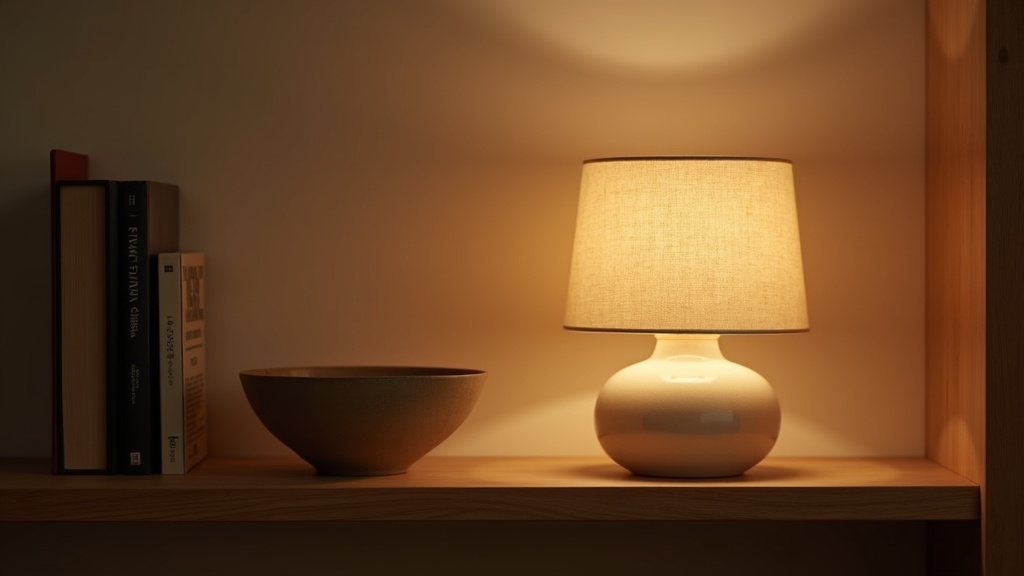 Small lamp with linen shade glowing on a minimal wooden shelf