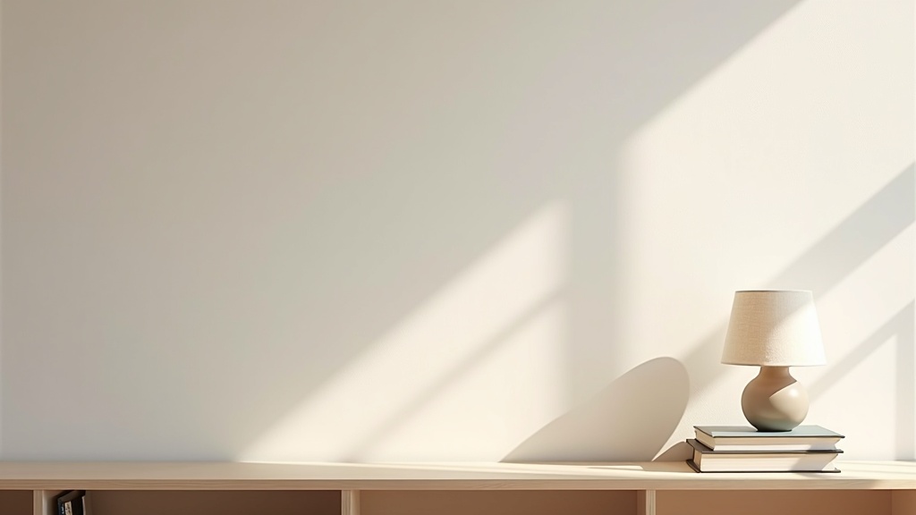 Lampshade styling on a minimalist shelf in a Scandinavian living room