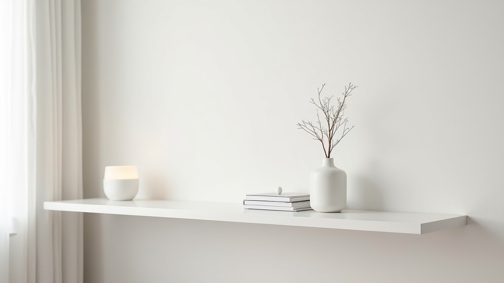 Minimalist shelf with cordless lamp, ceramic vase, and stacked books