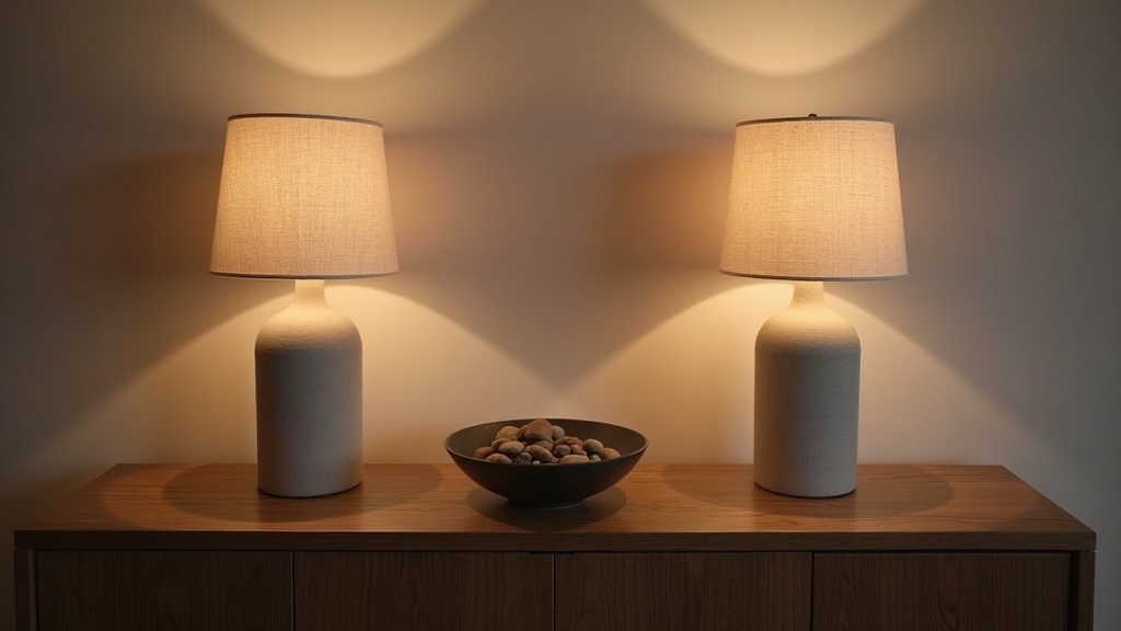 Sideboard styled with two matching lamps and a ceramic bowl