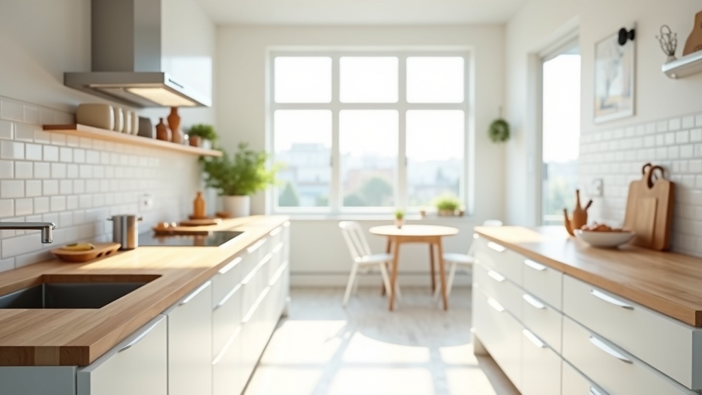 South-facing kitchen with strong midday natural light illuminating white walls