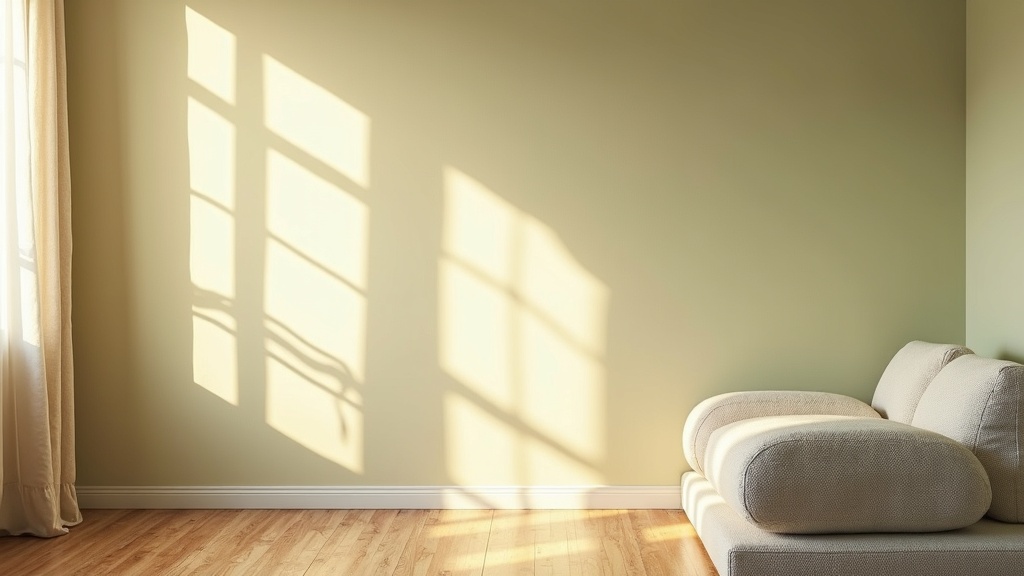 Warm afternoon light washing over a pale green wall in a Scandinavian living room