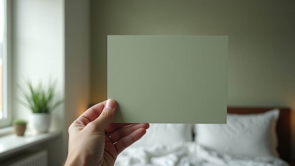 Testing a paint sample swatch on a bedroom wall under natural diffused light