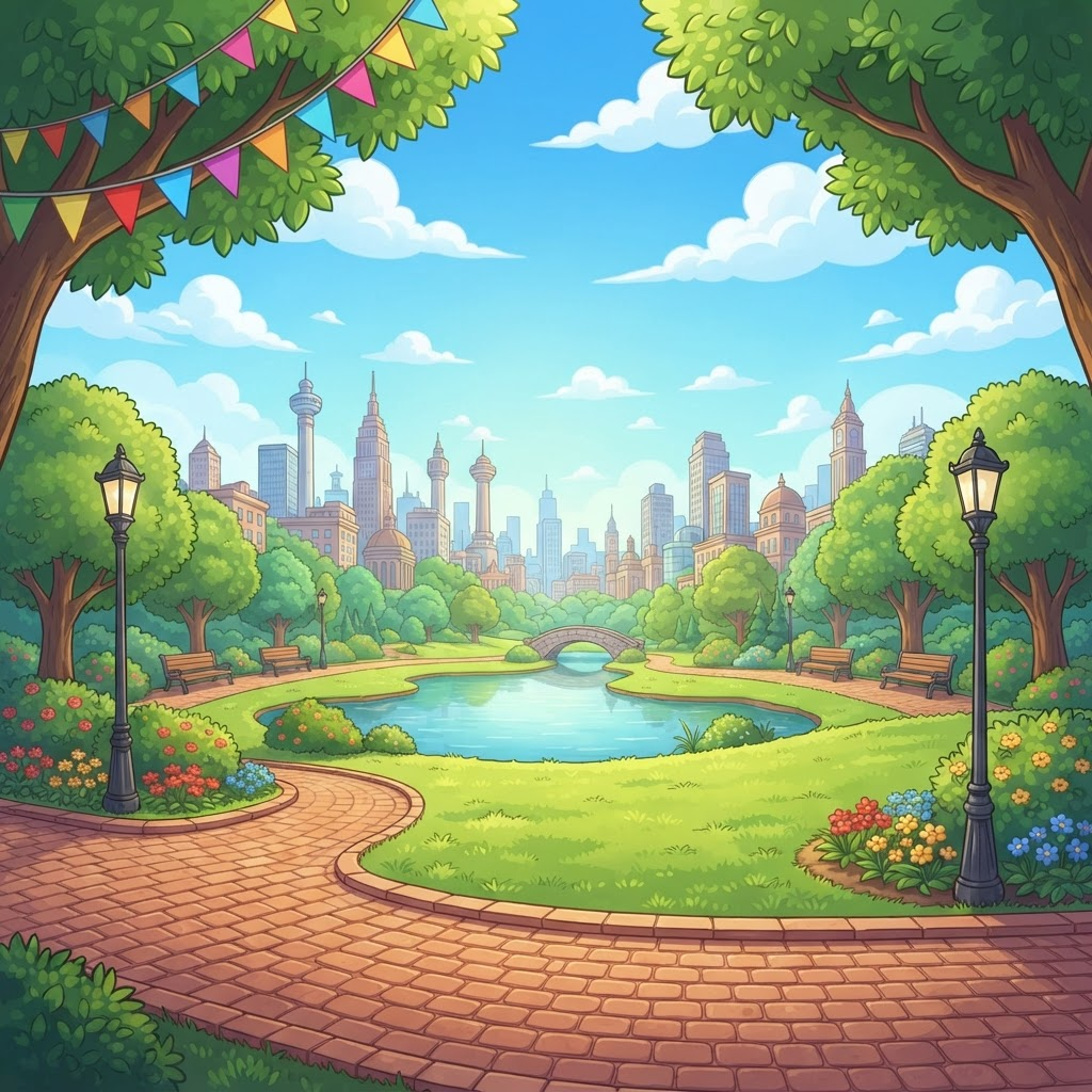 Image: A vibrant cartoon city-park background for a 2D si