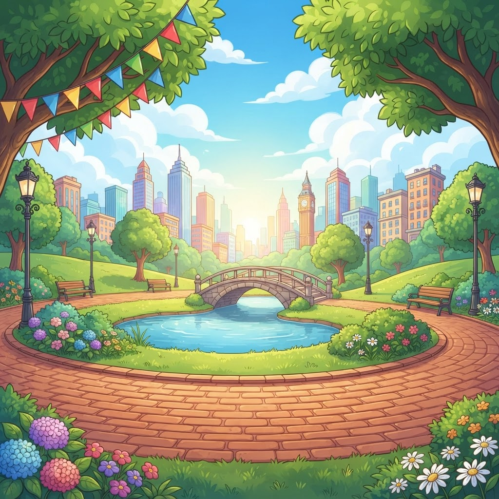 Image: A vibrant cartoon city-park background for a 2D si