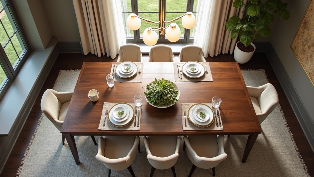 Brushed brass transitional chandelier over a walnut dining table