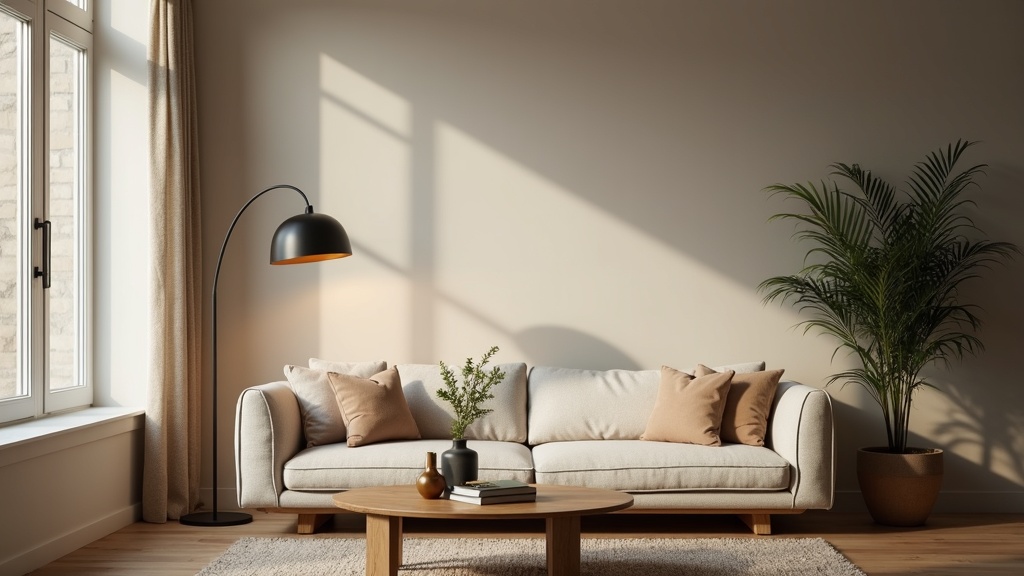 Warm transitional living room with layered brass and matte black lighting
