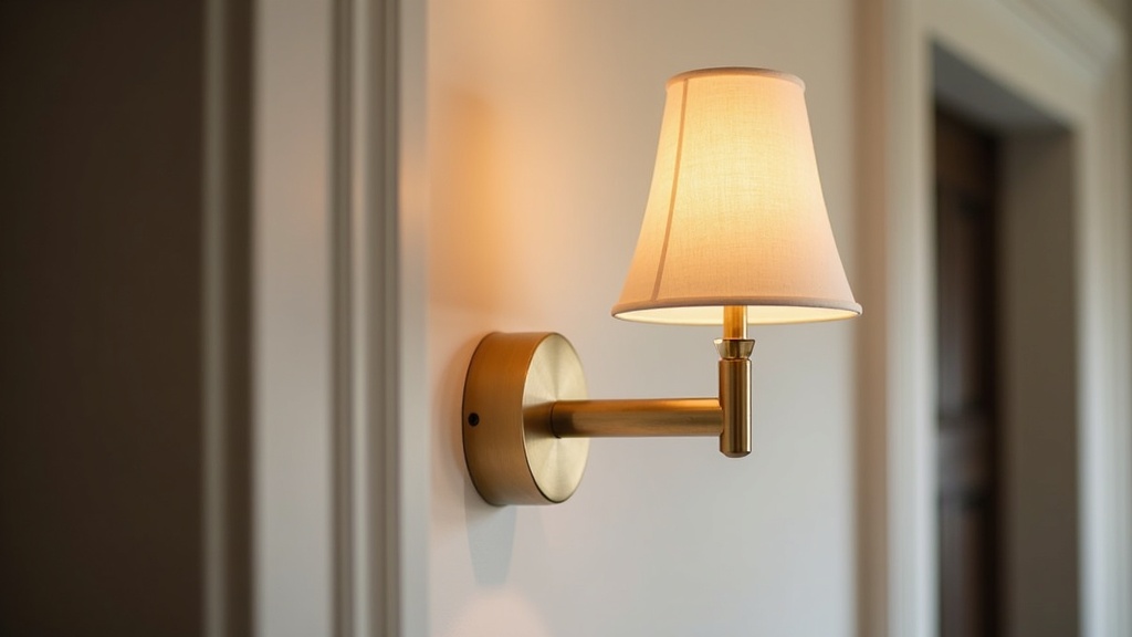 Brushed brass wall sconce with linen shade in a transitional hallway