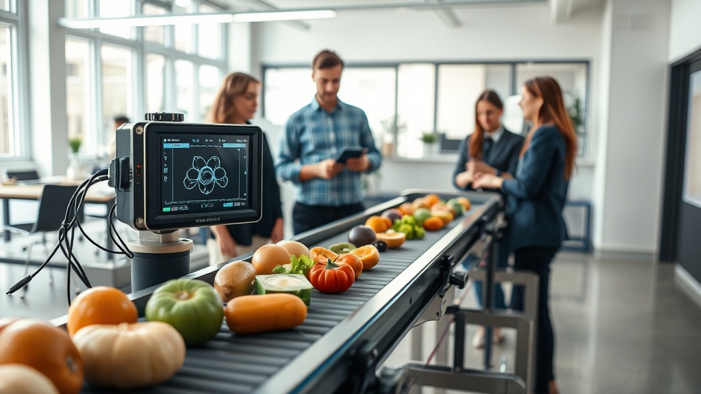 AI system analyzing food products on a conveyor belt for quality defects