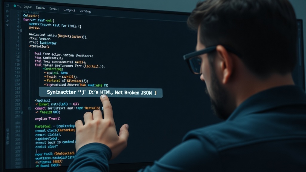 Developer examining console output showing a SyntaxError for unexpected token