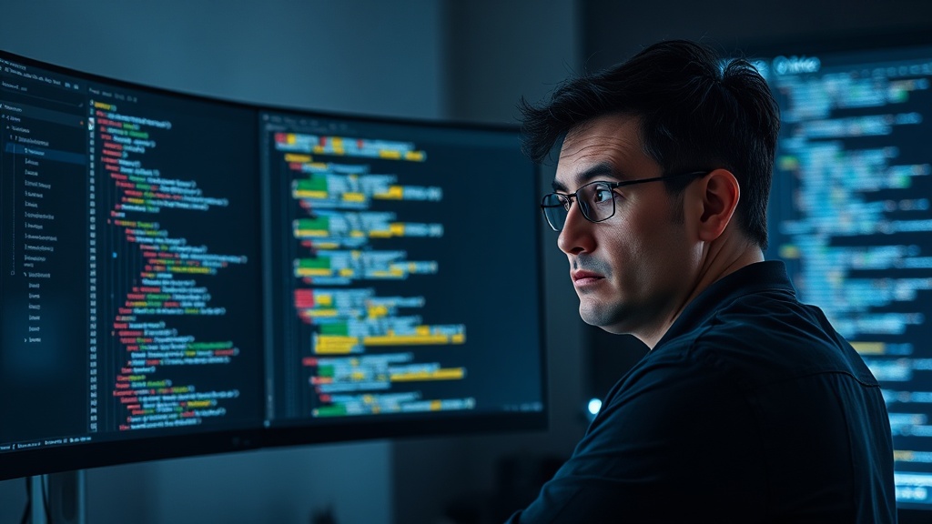 Developer staring at a computer screen, looking confused at generated code