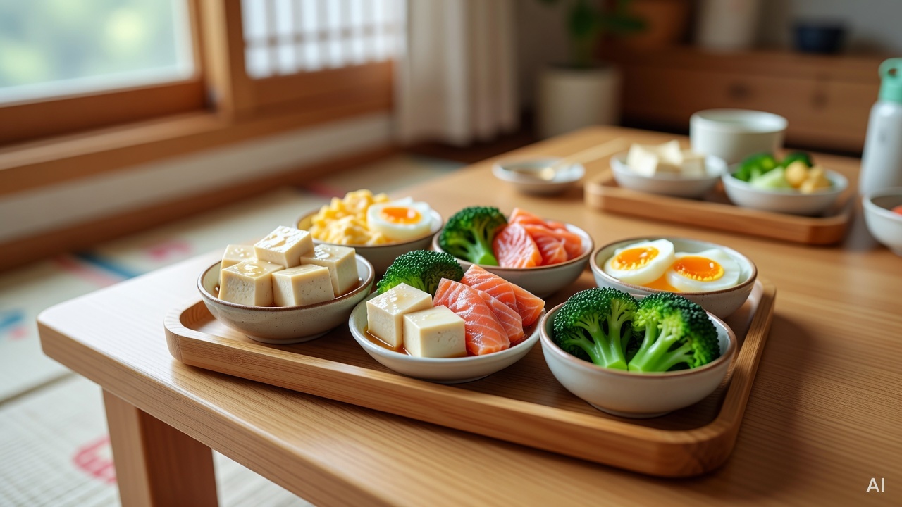 colorful children's meal with tofu, salmon, broccoli, and eggs arranged on a small wooden tray