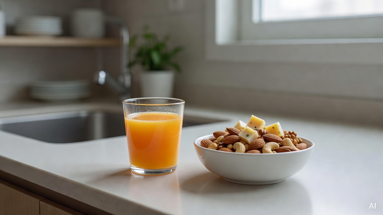 small glass of orange juice next to a bowl of mixed nuts and cheese cubes on a kitchen counter