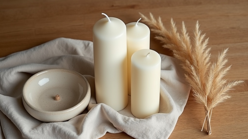 Grouped white candles with ceramic holder and dried pampas on an oak table