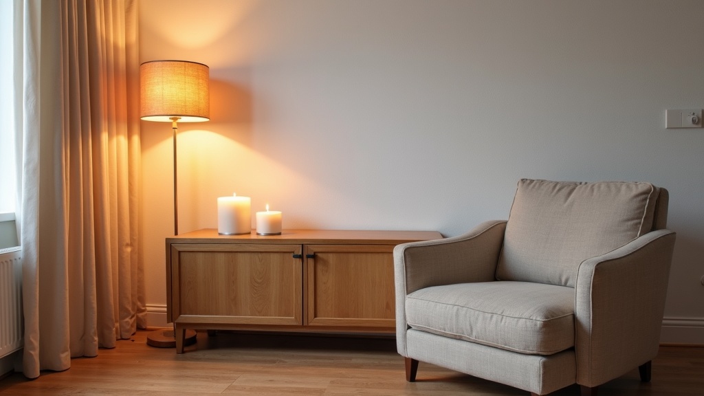 Layered warm lighting in a Scandinavian living room with floor lamp and candles