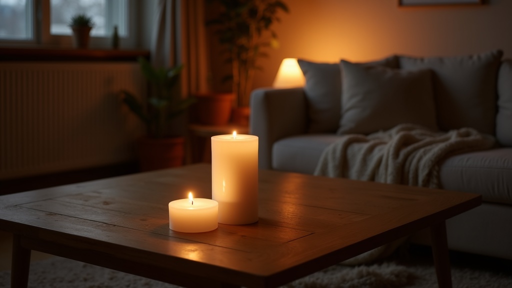 Candlelight and warm electric lighting layered in a calm Scandinavian living room