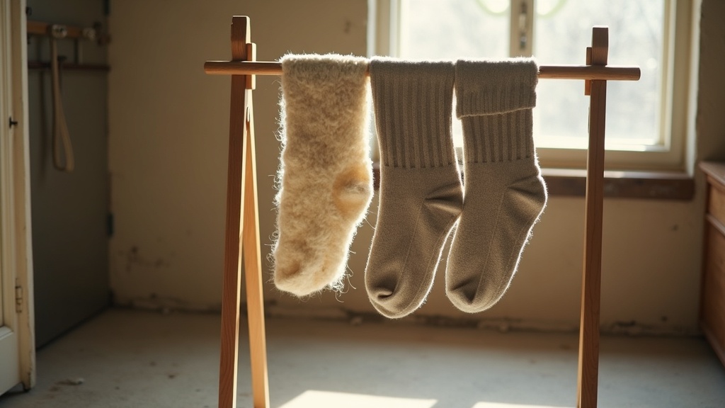 Merino wool work socks air drying on a rack