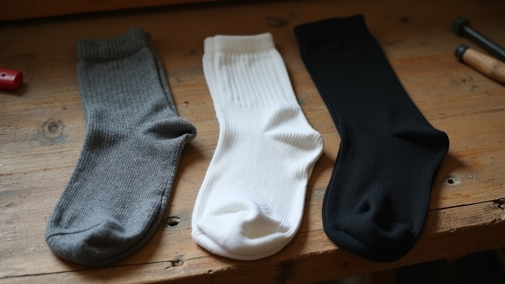 Comparison of merino wool, cotton, and synthetic socks side by side