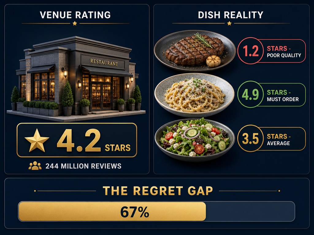 Infographic comparing a 4.2-star venue rating to individual dish scores, highlighting how specific items like steak can have low 1.2-star ratings.