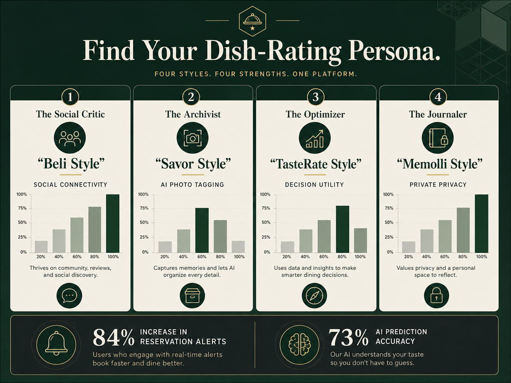 Comparison chart of dish-rating app styles including social critics, archivist, optimizer, and journaler personas with feature bar graphs.