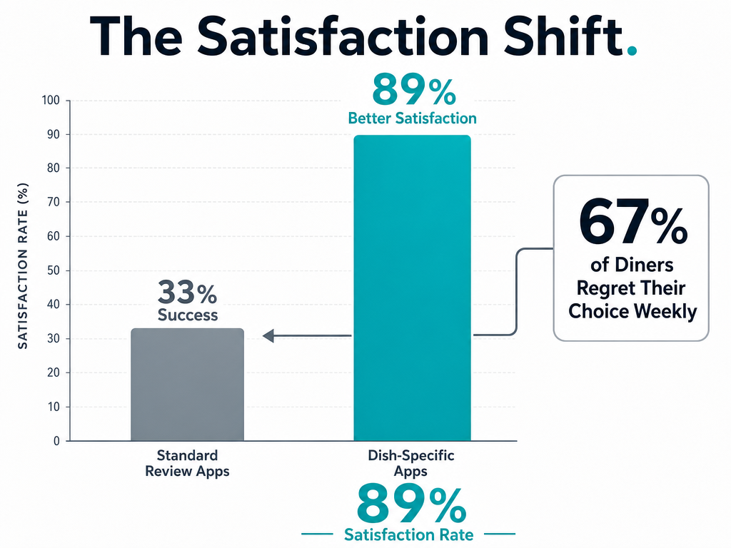 Bar chart showing meal satisfaction rates jumping from 33% with standard review apps to 89% with dish-specific rating apps.